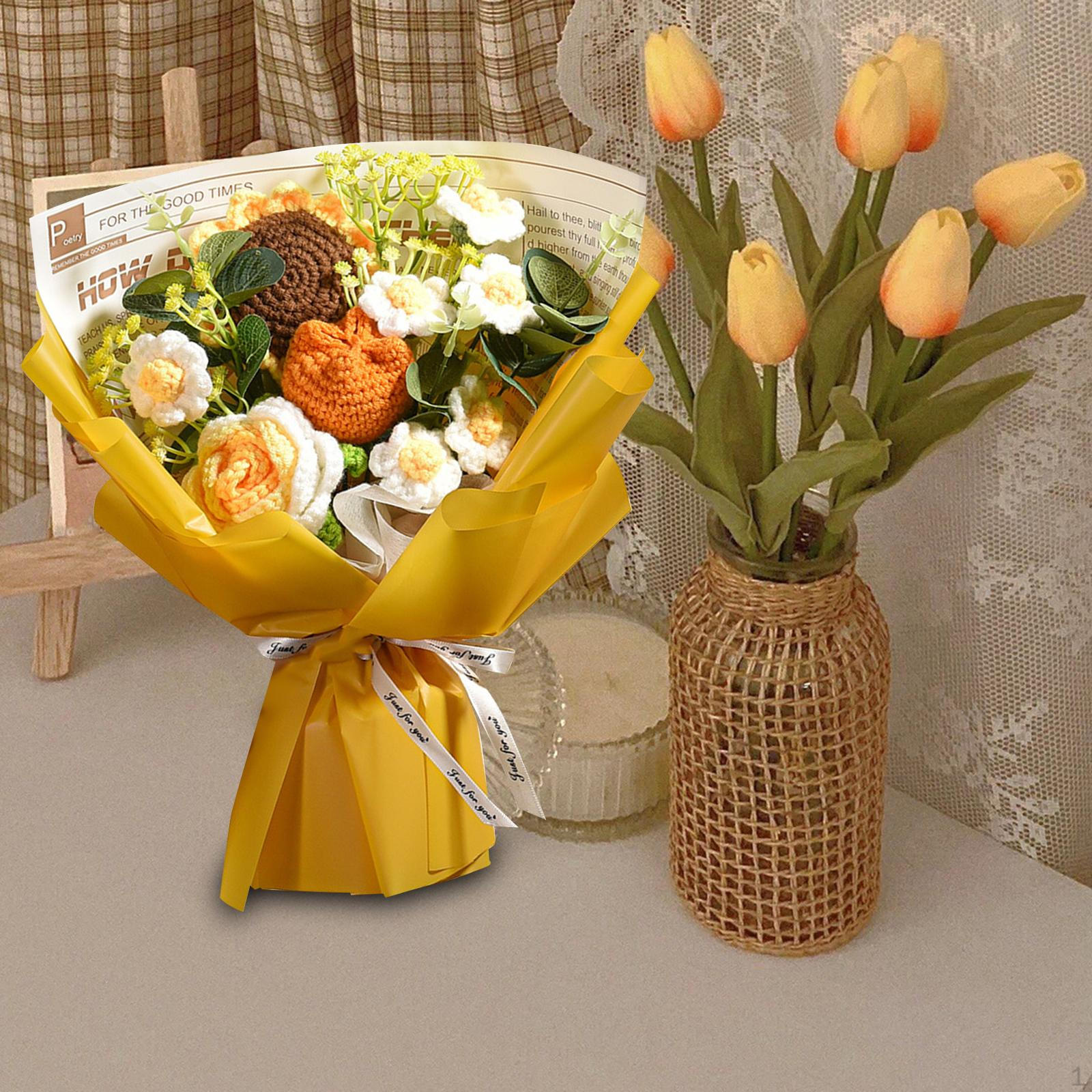 

Завершенный букет из вязаных крючком цветов, искусственный вязаный подсолнух, роза, ромашка, день рождения Yellow