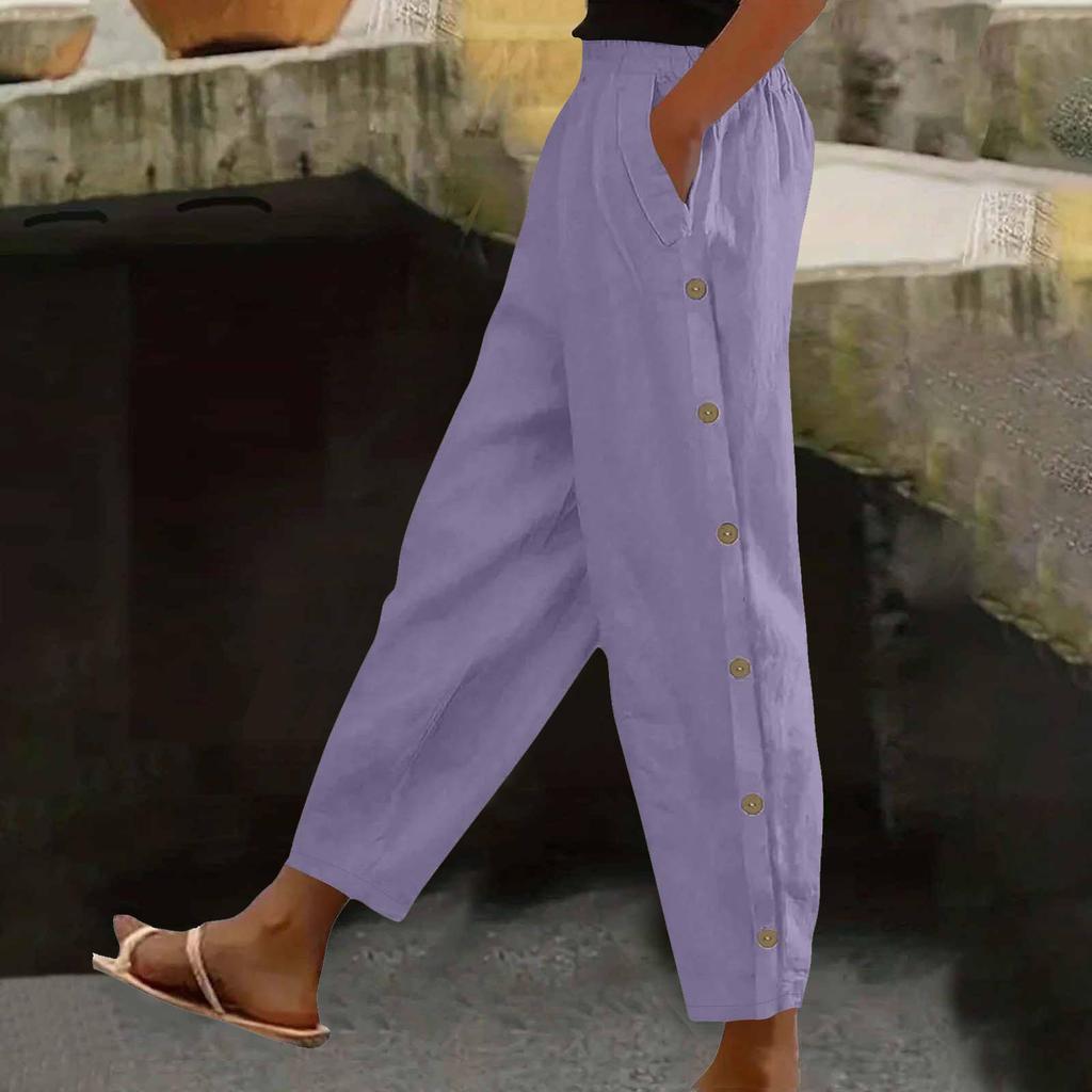 Women's Fashion Side-Button Pocket -Color Mid- Cotton-Linen Blend Relaxed-Fit Trousers
