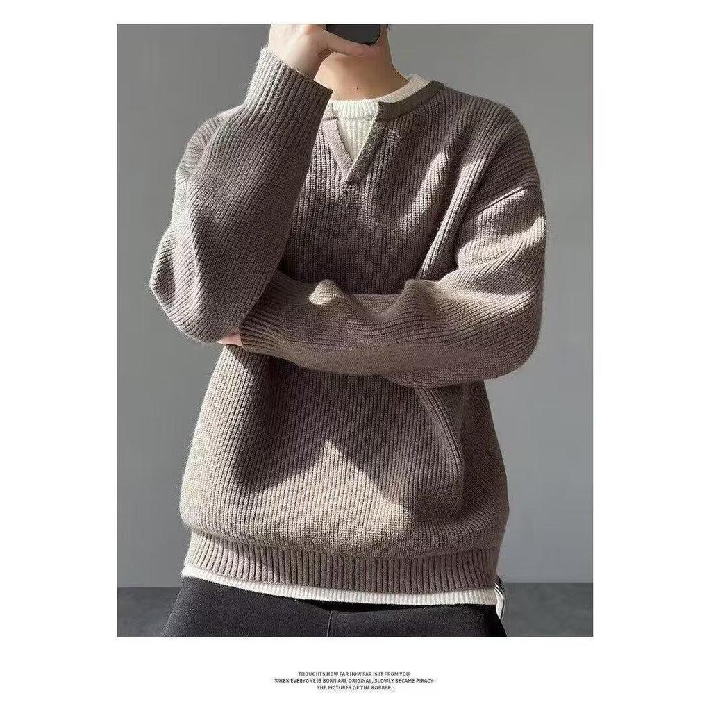 Men's Trendy Hong Kong Style Patchwork Sweater - Winter Round Neck Old Money Knitwear Casual Base Layer