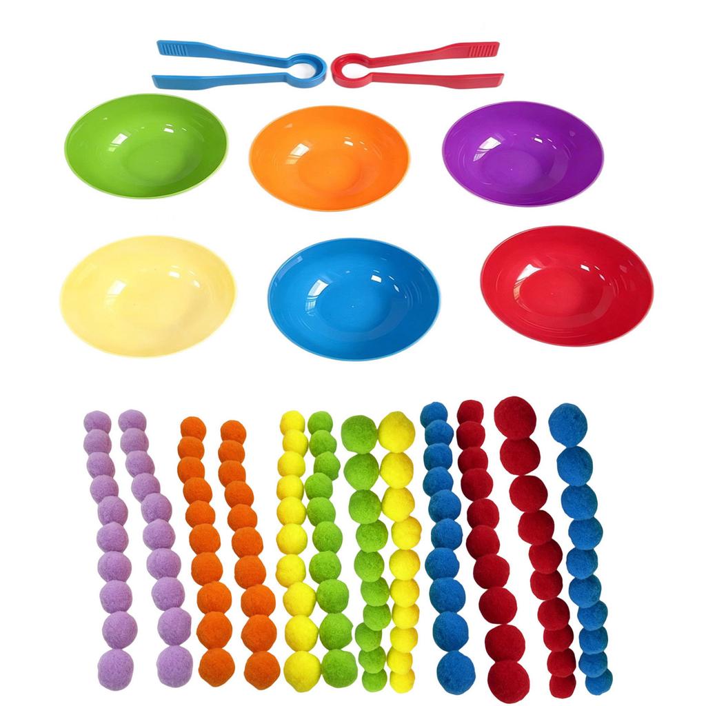 Toys for Toddlers, Color Sorting Bowls Set with Tongs and Pom Poms, Fine Motor Skills Preschool Learning Activity for Hand-Eye Coordination
