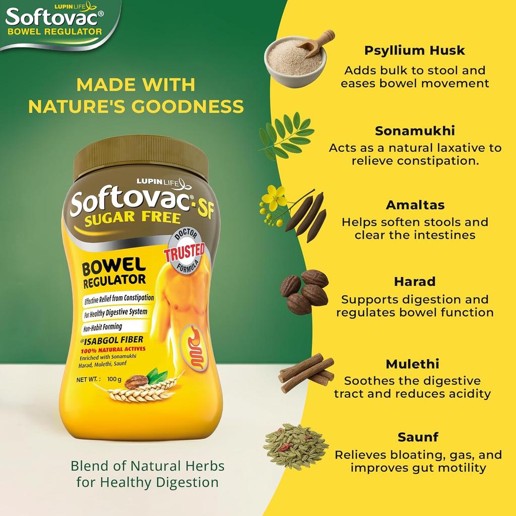 Softovac SF Isabgol Bowel Regulator Powder 100 G Pack of 1, Gentle Sugar Free Laxative for Constipation Relief, Supports Digestion and Gut Health