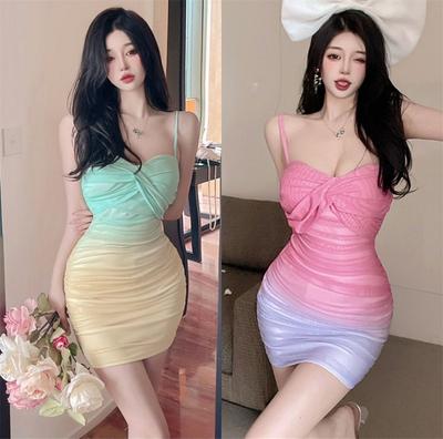 Summer New Sexy Dream High Waist Gradual Change Pleated Hip Sling V Neck Dress Pencil Skirt Short Skirt