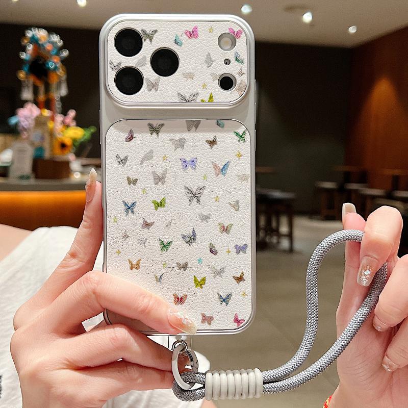 Colorful Butterfly Pattern Leather Lanyard Case For iPhone 18 Pro Max 17 16 15 14 13 Pro Max Luxury Hybrid TPU+PU Anti-skid Soft Phone Cover
