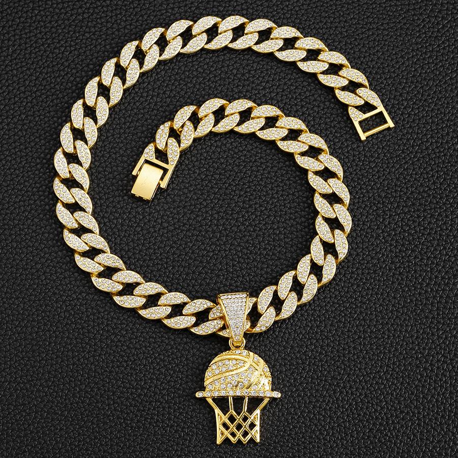 American Popular Hip-hop Street Full of Diamonds, Niche Mesh Basketball Frame Pendant Necklace, Personalized Cuban Necklace