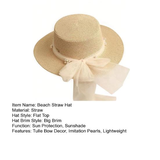 Beach Straw Hat Flat Top Wide Brim Sun Protection Hat with Tulle Bow Imitation Pearls Decor Hand-Woven Breathable Summer Hat