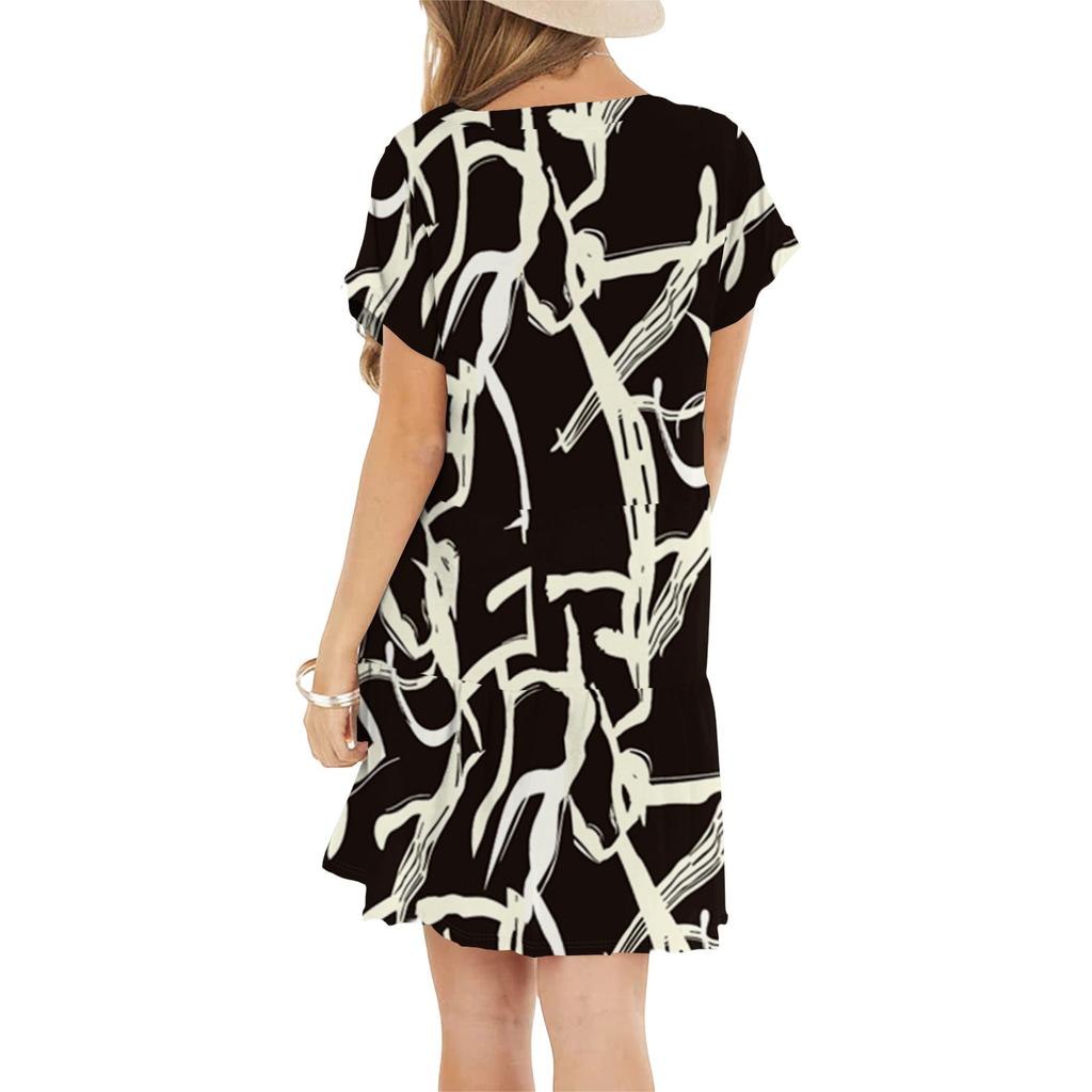 Women's Fashion Casual Round Neck Short Sleeve Ruffled Vintage Printed Dresses