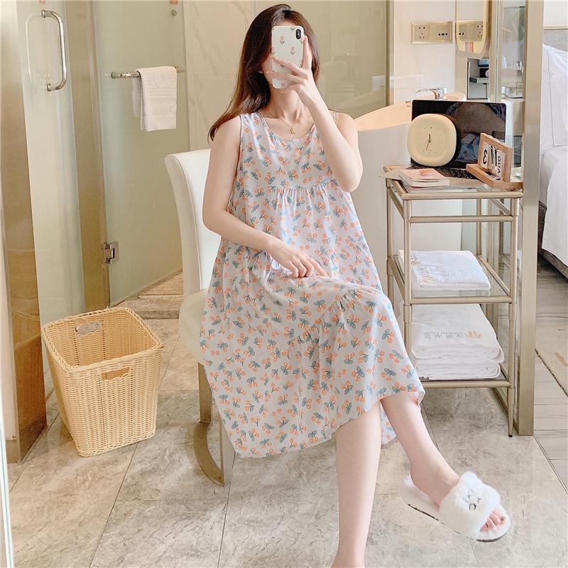 Women's Cotton and Silk Nightgown Summer Thin Internet Celebrity Large Size Printed Pajamas New Sleeveless Loungewear
