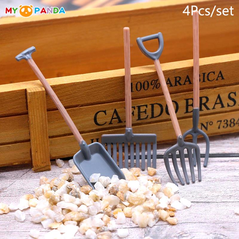 4Pcs 1:12 Dollhouse Miniature Gardening Tools Shovel Rake Hoes Model DIY DollHouse Farm Scene Decor Accessories Pretend Play Perfect Toy
