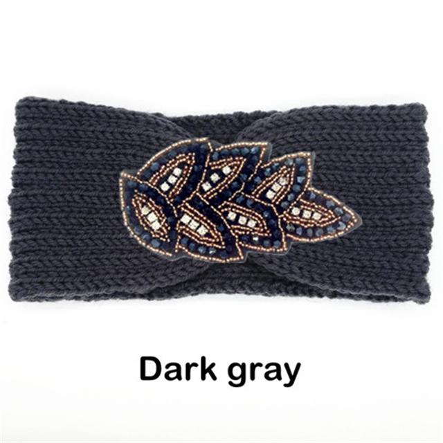 

Женская зимняя повязка на голову со стразами, теплая вязаная шерстяная повязка на голову, тюрбан, повязка на голову для девочек, повязка для волос с бусинами, головной убор, аксессуары для волос темно-серого