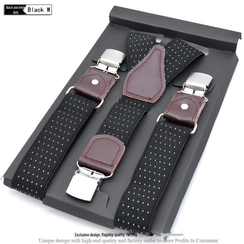 European-Style Plaid Suspenders with Leather Accents and Three-Clip Design