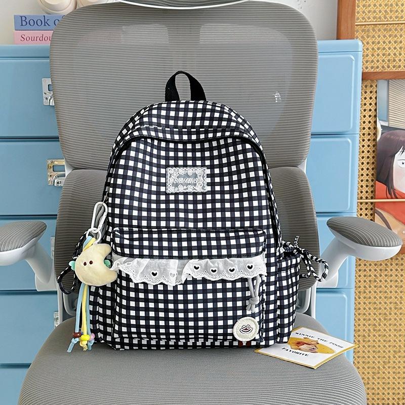 Schoolbag Korean fresh plaid corrugated backpack girl heart lace small schoolbag girls junior high school students female commuter bag