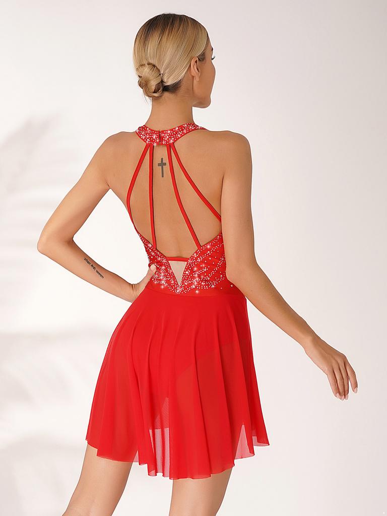 Damska błyszcząca Rhinestone łyżwiarstwo figurowe sukienka baletowa przezroczysta siateczka bez rękawów bez pleców nowoczesne sukienki do tańca lirycznego