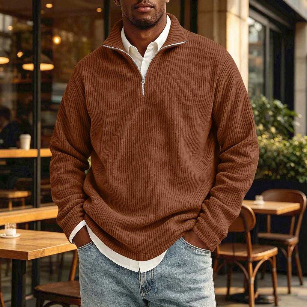 Men's Vintage Corduroy Long Sleeve Shirt with Zip Stand Collar Casual Top
