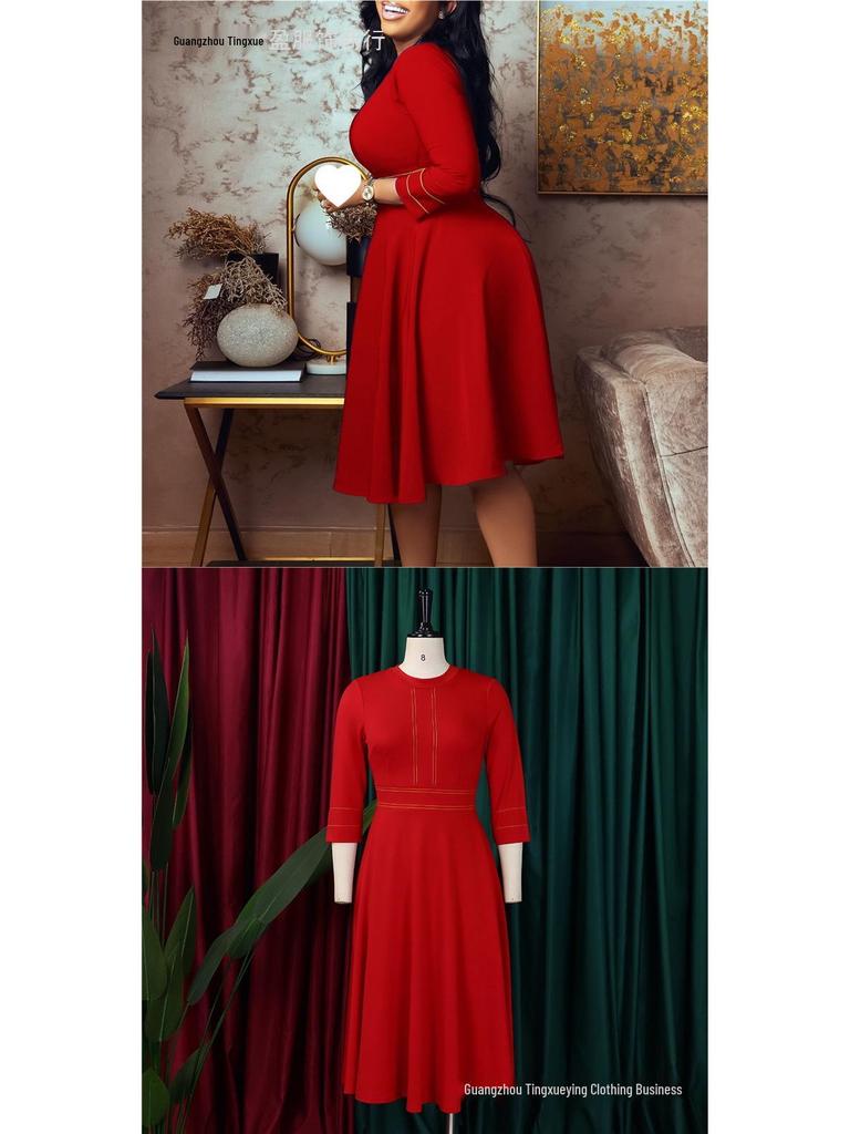 African Plus Size Women's Elegant Stand Collar Big Swing Dress