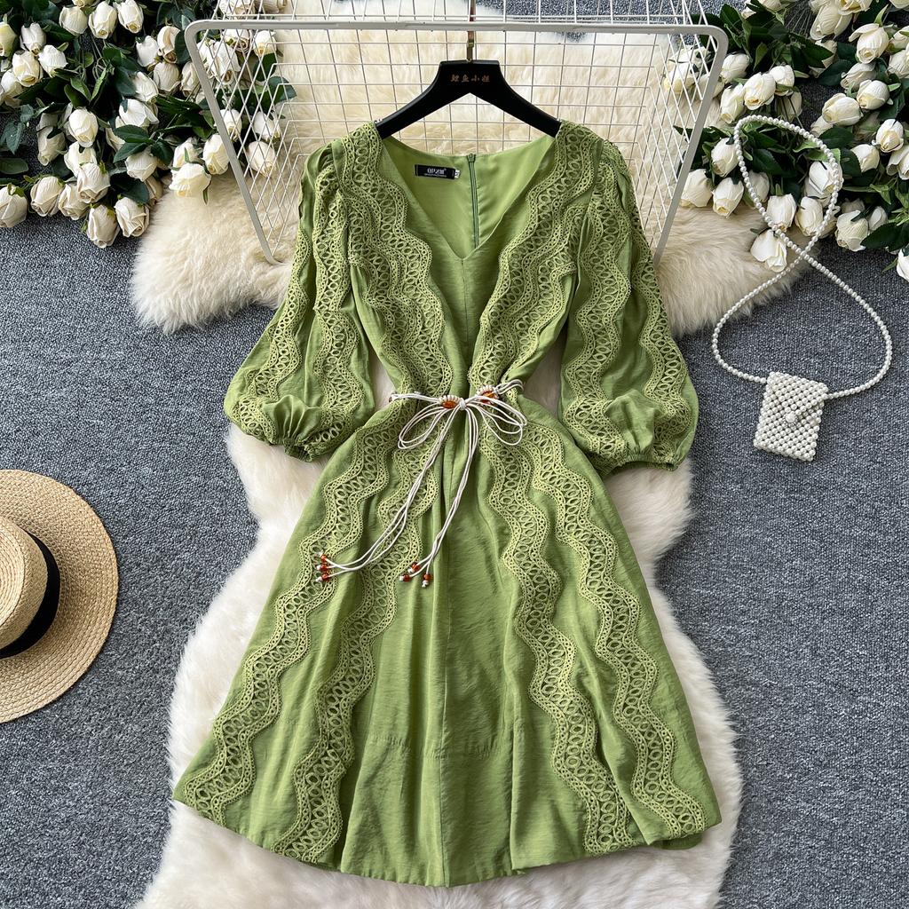 Spring Summer Women V-neck Lantern Sleeve Embroidery Lace Patchwork Chic Dresses With Belt
