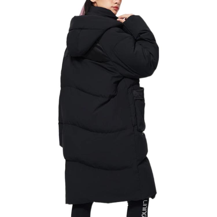 Li Ning Sports Trend Series Solid Color Logo Embroidered Hidden Zipper Hooded Long Down Jacket Women Outerwear Black AYMS074-3
