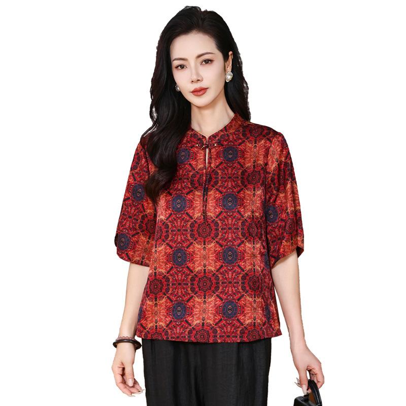 Hualuo Fragrant Cloud Yarn Shirt Mother Outfit Summer Retro Stand-up Collar Silk Shirt Medium Sleeve Silk Top Women