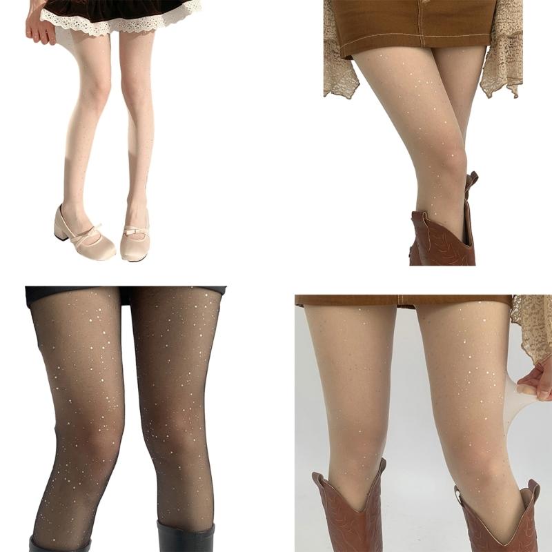 Women Sweet JK Preppy Ultra-Thin Sheer Pantyhose Stockings Glitter Rhinestones Dots See-Through Tights Leggings Hosiery