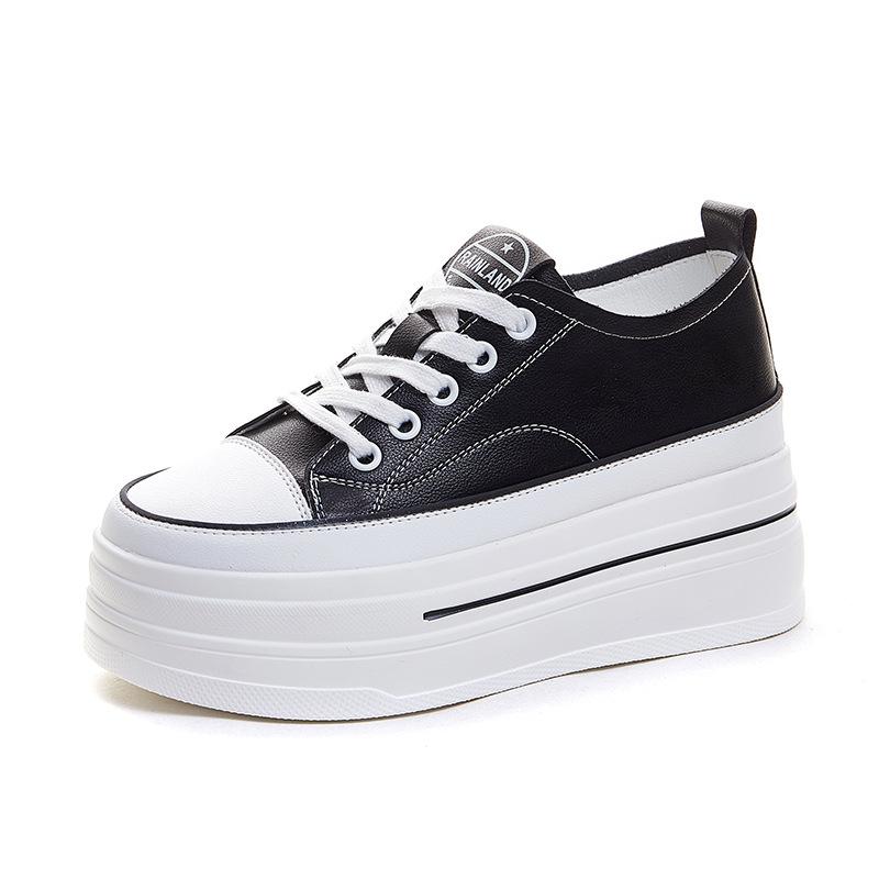Spring Autumn Flat Platform Genuine Leather Shoes Women Fashion Sneakers Black White Height Increasing Shoes 8cm