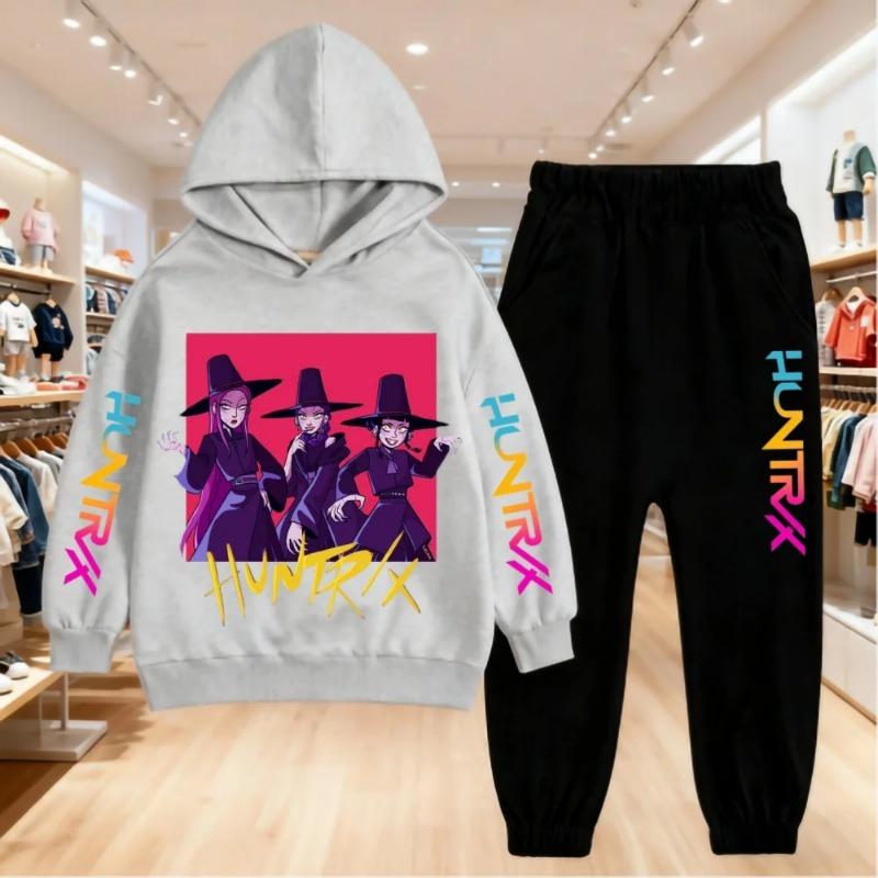 KPop Demon Hunters Printing Hoodies Sets Kids Clothes Children Hoodie+pants Suitable 3-12 Years Boys Girls Pink Black Sweatshirt