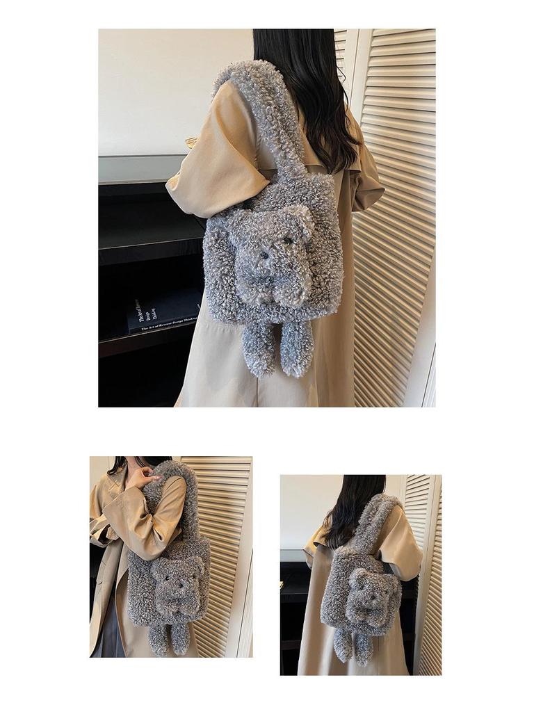 Damvinterhandväska i plysch med nallebjörnstema: Mångsidig Axelväska med Stor Kapacitet