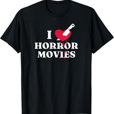 I Love Horror Movies Knife Heart Blood Splatter Fan T-Shirt