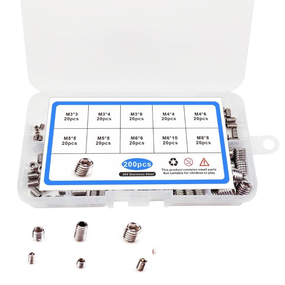 200pcs 10 Size Allen Head Socket 304 Stainless Steel Drive Cup-Point Set Grub Screws  Machine Meter