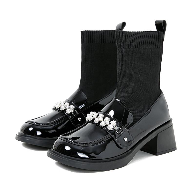 Fashion pearl flower buckle boots women thick high heels winter botas shoes japanned leather & knitting patchwork ankle botines female
