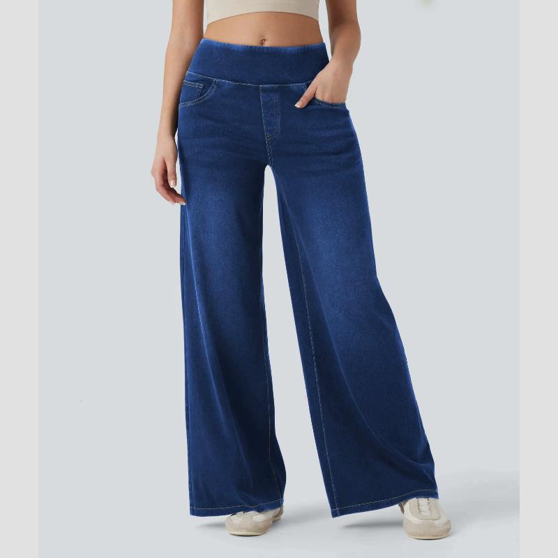 Casual Baggy Jeans Women's Elastic Waistband Wide Leg Jeans Elegant Slim Fit Denim Trousers American Retro Denim Palazzo Pants