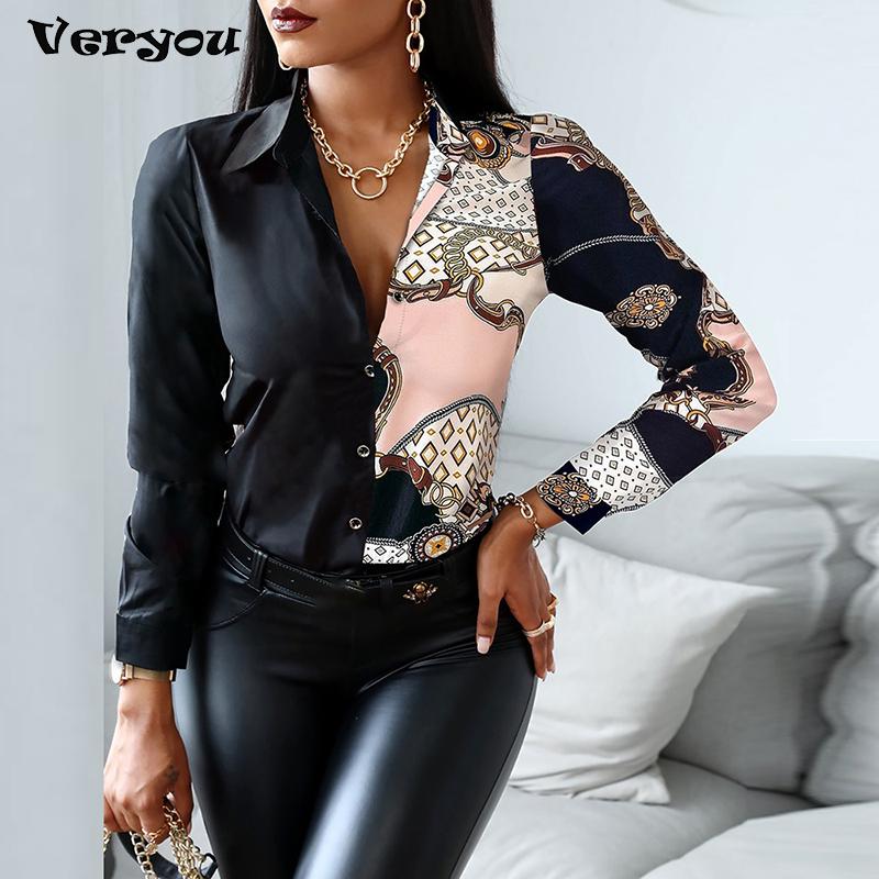 2024 Women Fashion Elegant Scarf Chain Print Button Design Shirt Long Sleeve Patchwork Spring