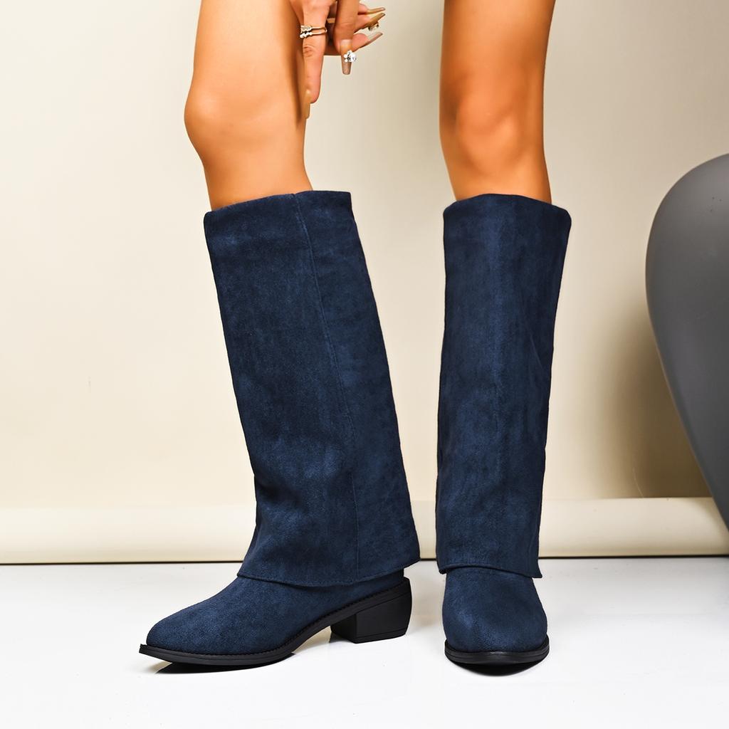 Fashion Denim Blue Chunk Flock Square Heel Boots Women Knee High Pointer Toe Heels Shoes Woman Trend Chelsea Boots Mujer Gladiator Botas