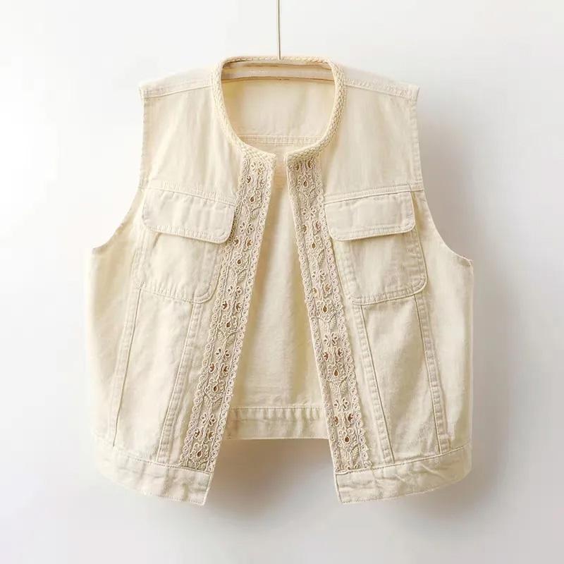 

Жилет джинсовый женский летний хлопковый жилет большого размера однотонный повседневный безрукавный жилет на пуговицах XXXL бежевый