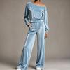 Women's Velvet Two Piece Outfit Off Shoulder Long Sleeve Fitted Top with High Waist Wide Leg Pants