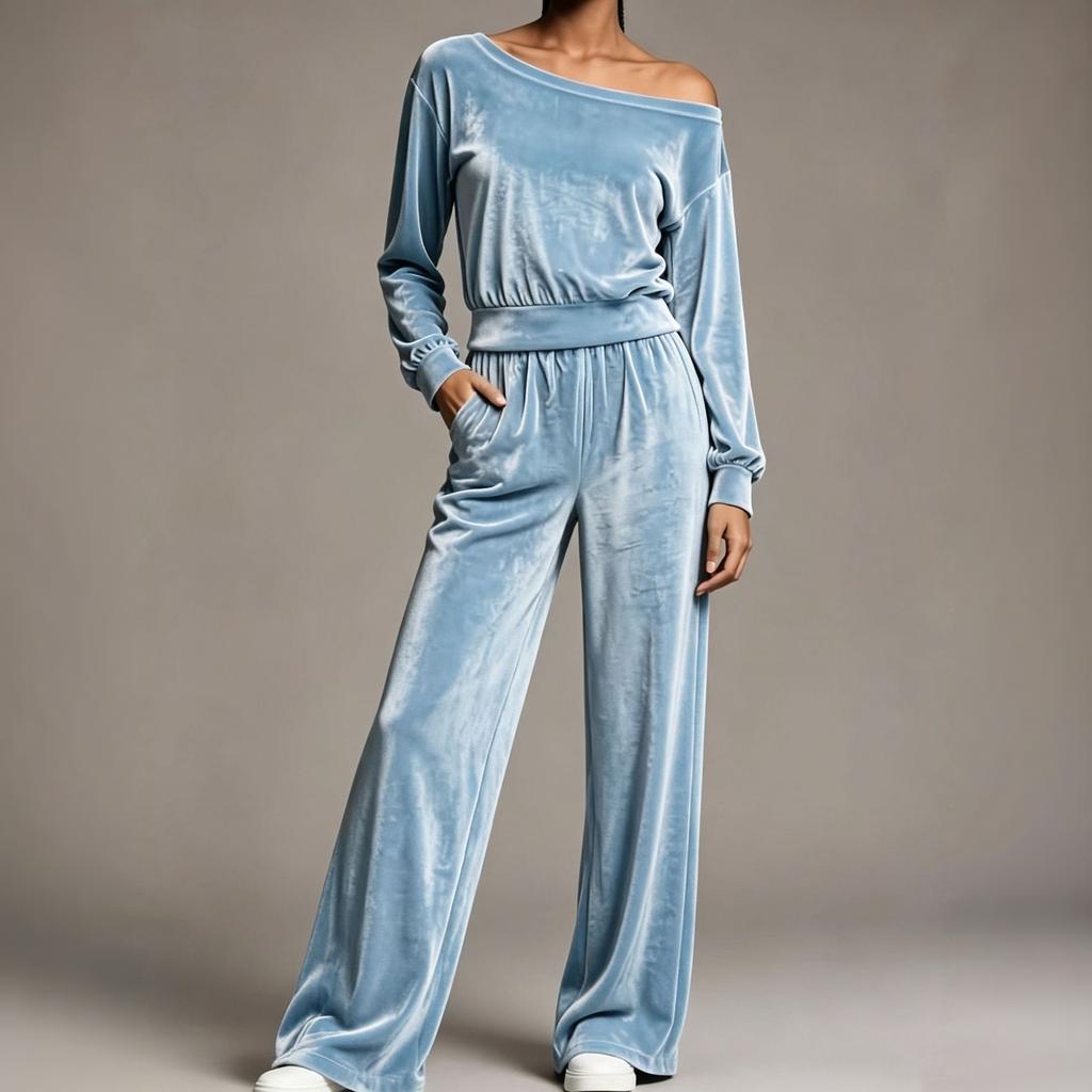 Women's Velvet Two Piece Outfit Off Shoulder Long Sleeve Fitted Top with High Waist Wide Leg Pants