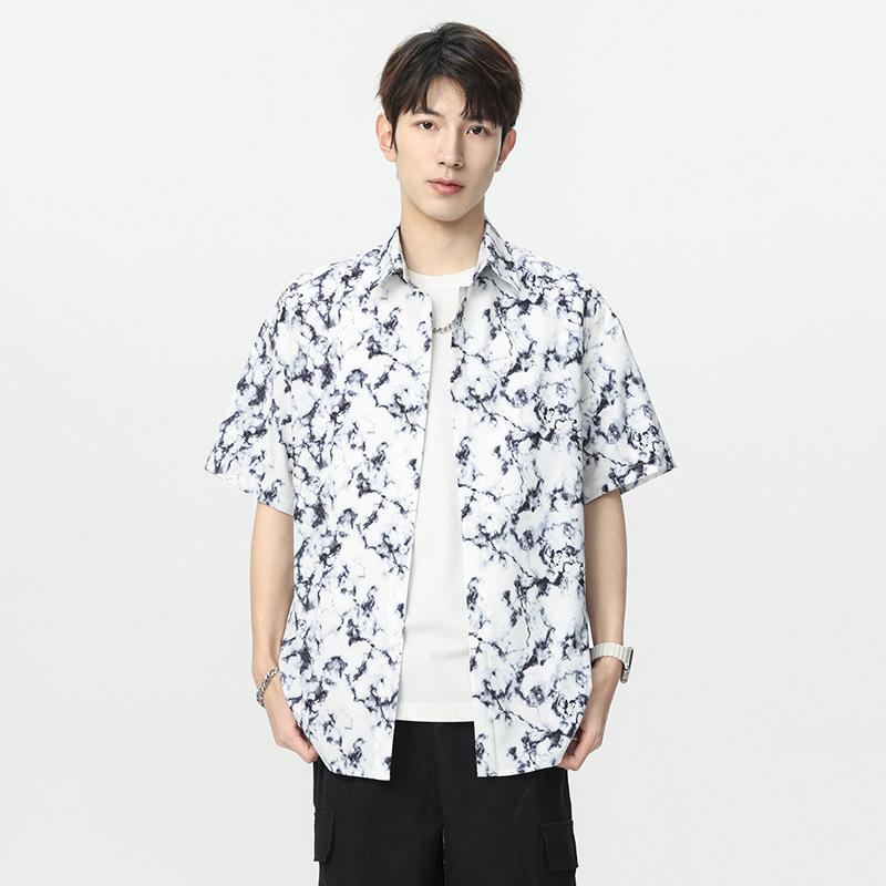 Men's White Black Marble Print Short Sleeve Shirt - Oversized Casual Streetwear Summer Button Up