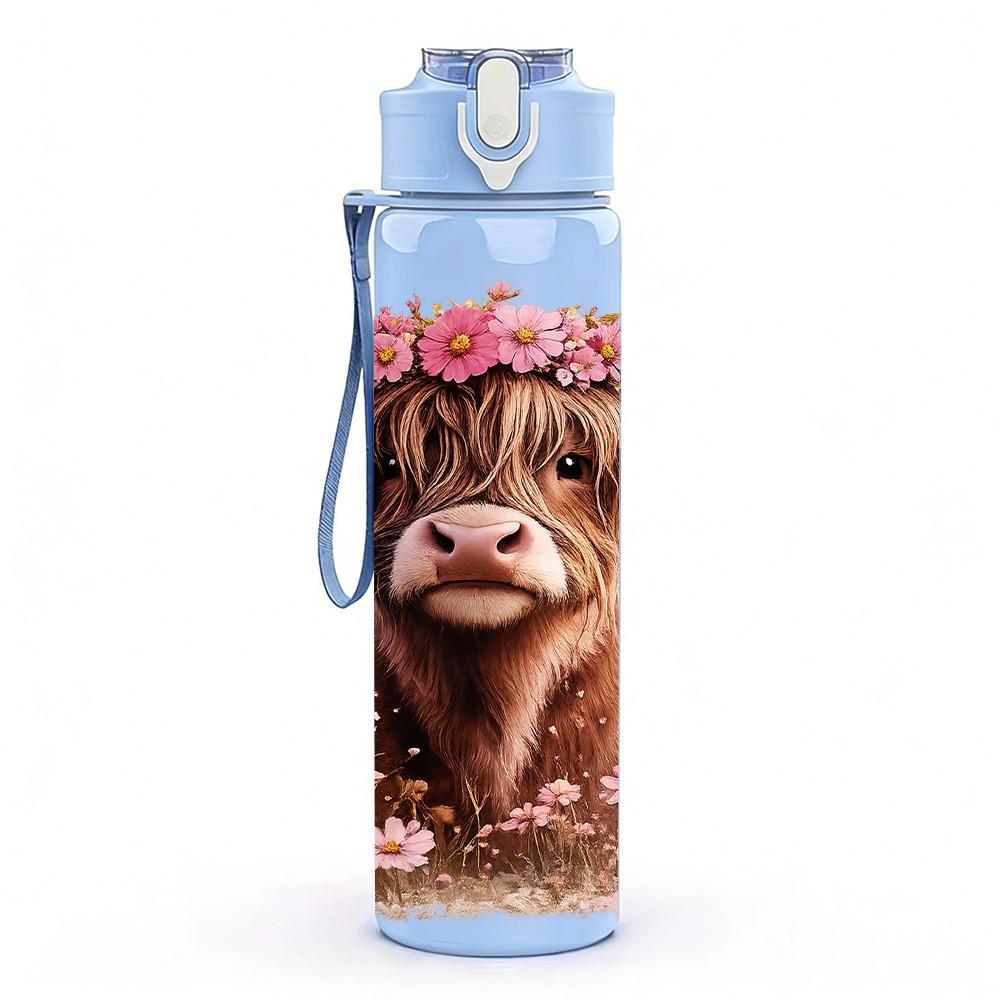 1PC Flower Crown Highland Cow Print 750ml Color Plastic Sports Water Bottle Leakproof Flip Straw Lid Suitable for Sports Office Home Use