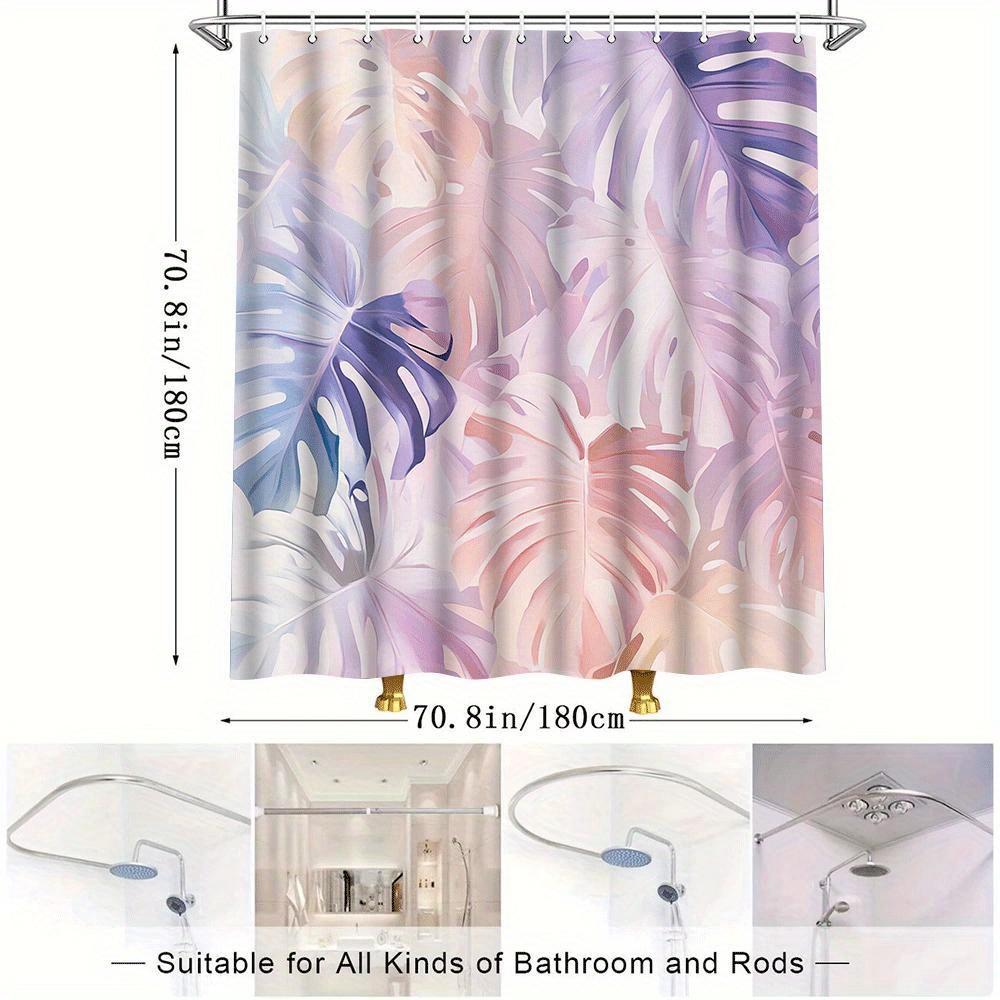 1pc Monstera Leaf Print Shower Curtain - Tropical Pink & Purple Polyester Bathroom Decor with 12 Hooks, Machine Washable