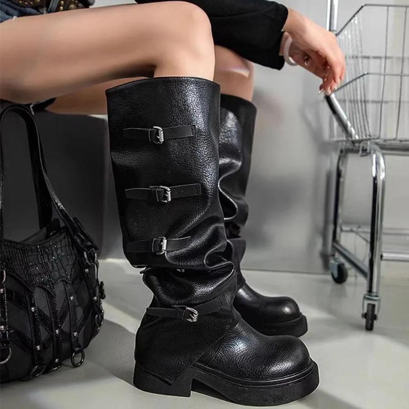 Fashion Brand New Buckle Strap Wasteland Vintage Brown Y2k Knee High Motorcycle Boots Maillard Style Black Trouser Leg Boots Women Shoes