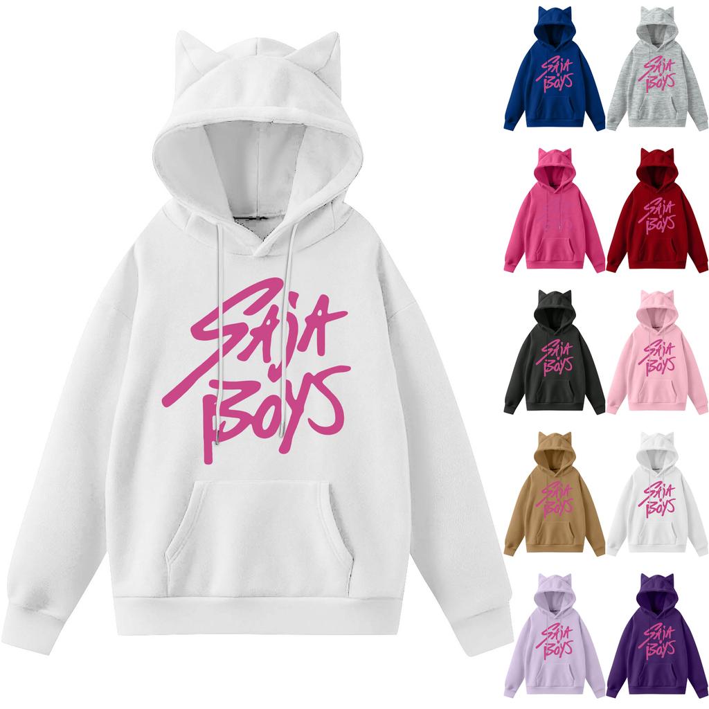 Ladies Fashion Casual Long Sleeve Printed Round Neck Hoodie Pullover Top With  Pockets