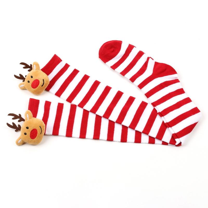 Damen Weihnachten Overknee Lange Socken Niedlich 3D Plüsch Hirsch Elch Gestreifter Druck Oberschenkelhohe Strümpfe Feiertagsparty Strumpfwaren