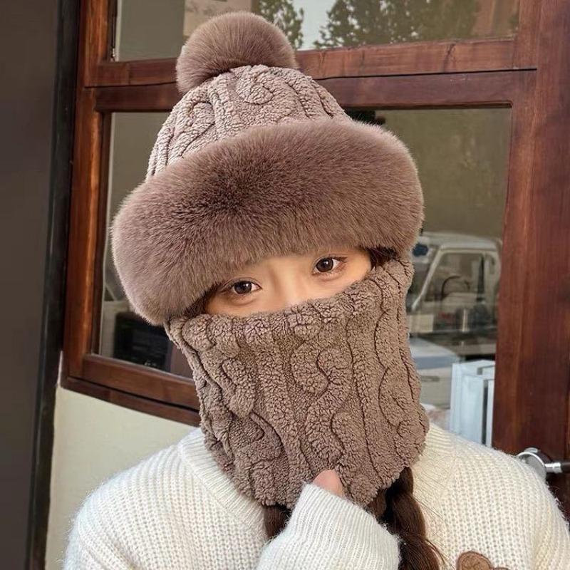 Hat Women's Winter Scarf Integrated Mask Ear Protection Windproof Warm Cycling Plush Riding Electric Vehicle Thickened Pullover Cap