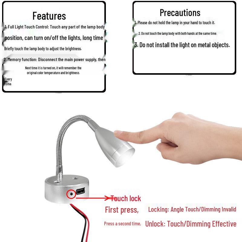 LED Gooseneck Touch Dimmer RV/Boat Reading Light 12V-24V with USB