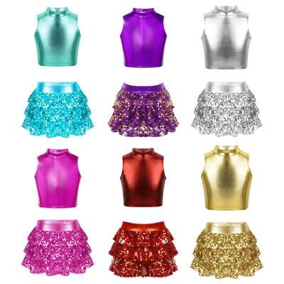 Conjunto de Actuación para Niñas Top Corto Metálico sin Mangas con Cuello Mock Falda Corta con Volantes en Capas de Lentejuelas Brillantes