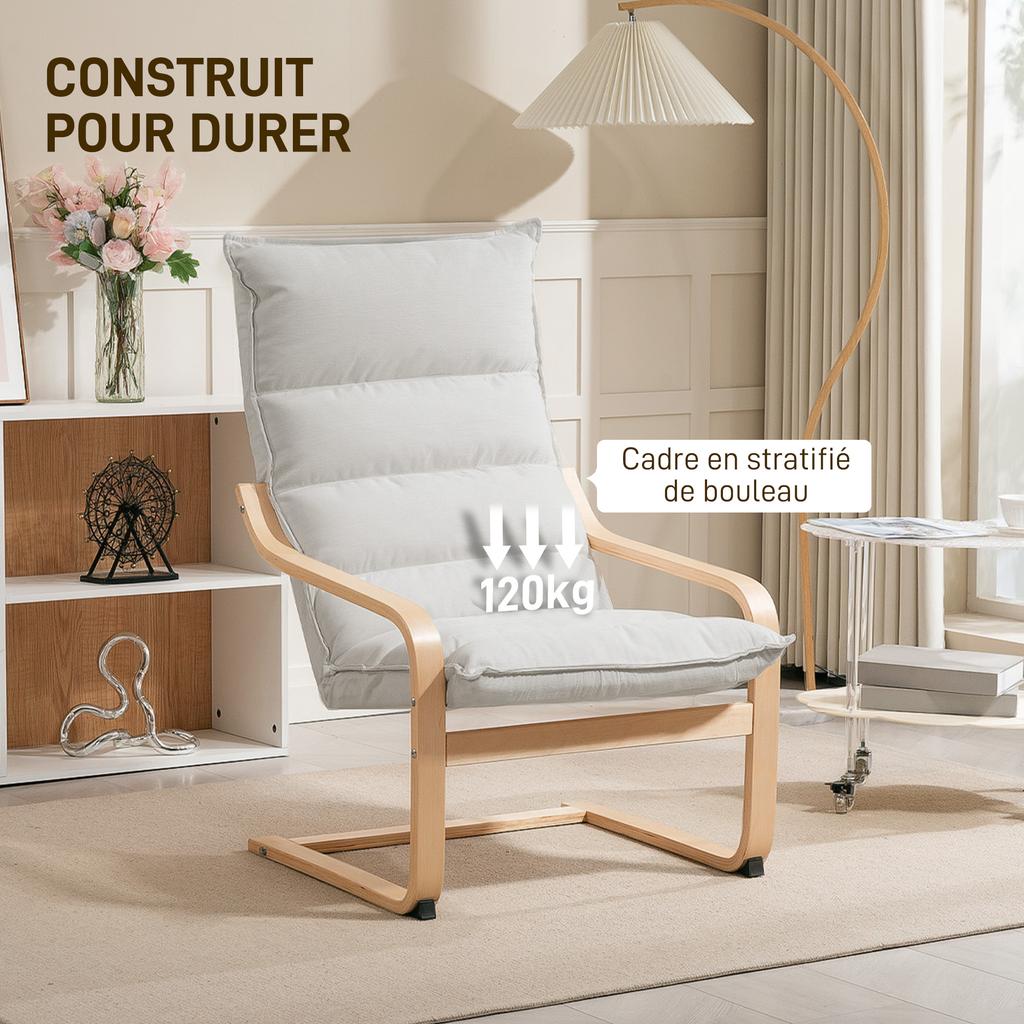 Living room armchair modern leisure armchair bedroom armchair with curved armrests, cushions, 67 x 83 x 105 cm, cream