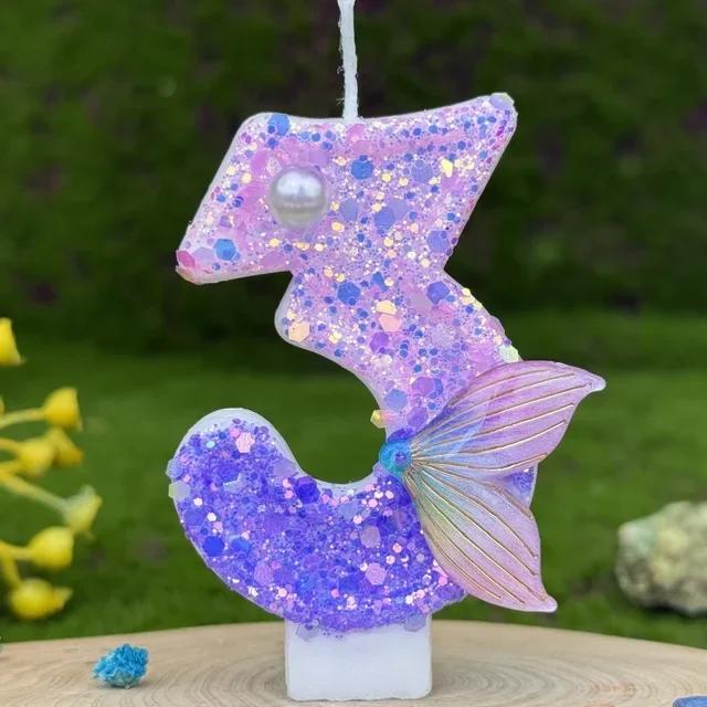 Purple Mermaid Tail Glitter 0-9 Number Candle Birthday Party Candle for Girls Cake Decoration Fish Tail Wedding Boys Girls Gifts