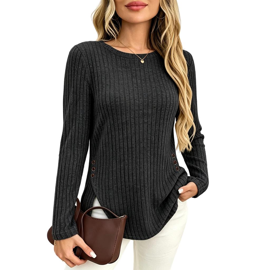 Women Fashion Casual Ribbed Knit Round Neck Long Sleeve Button Detail Top Pullover Shirt Slim Fit Lightweight Soft Fabric