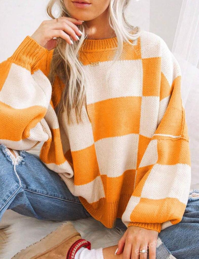 Women's Checked Knit Sweater, Round Neck Long Sleeve Relaxed Fit Pullover