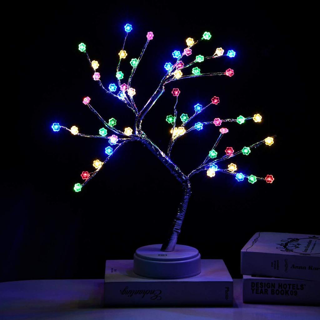 Bonsai LED Table Lamp with Pearl Gold Leaves & Silver Branches - Decorative Night Light & Christmas Tree Decor