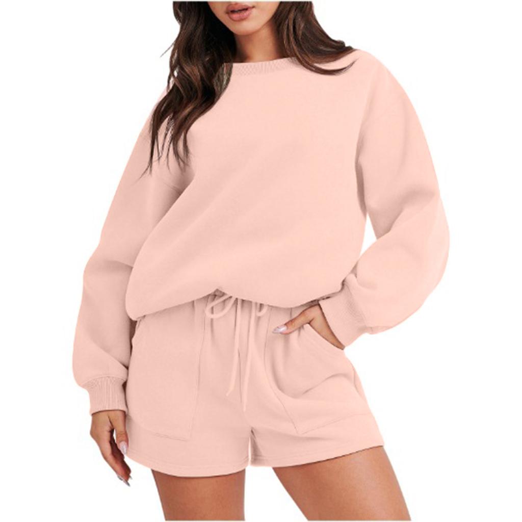 Women's Fashion Sportswear Casual Long-Sleeved Pullover Sweatshirt Drawstring Shorts Set
