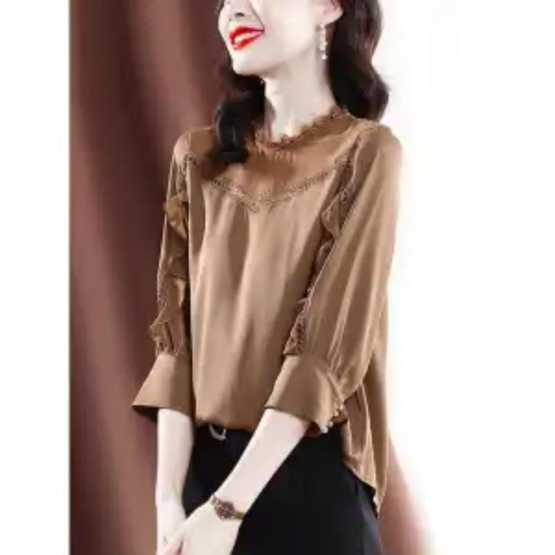 Women s Brown Lace Trim Ruffle Blouse M